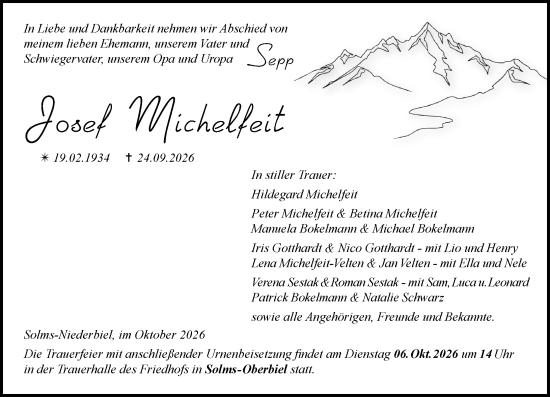 Traueranzeige von Josef Michelfeit von Wetzlarer Neue Zeitung