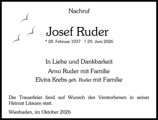 Traueranzeige von Josef Ruder von Wiesbadener Kurier