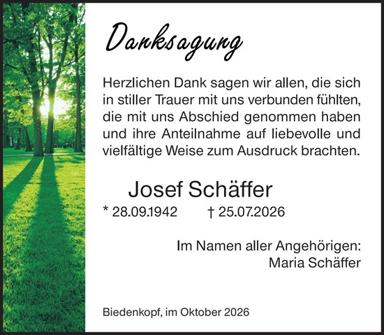 Traueranzeige von Josef Schäffer von Hinterländer Anzeiger