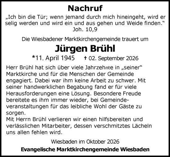 Traueranzeige von Jürgen Brühl von Wiesbadener Kurier