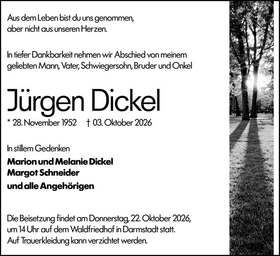 Traueranzeige von Jürgen Dickel von Darmstädter Echo