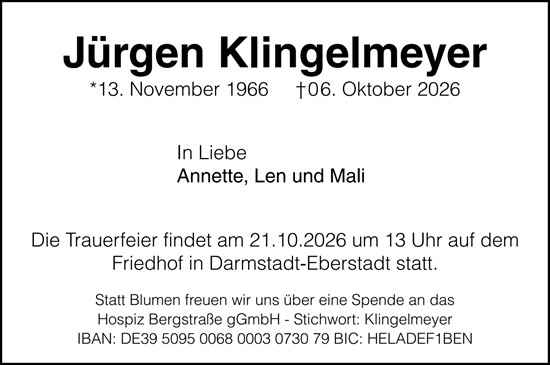 Traueranzeige von Jürgen Klingelmeyer von Darmstädter Echo
