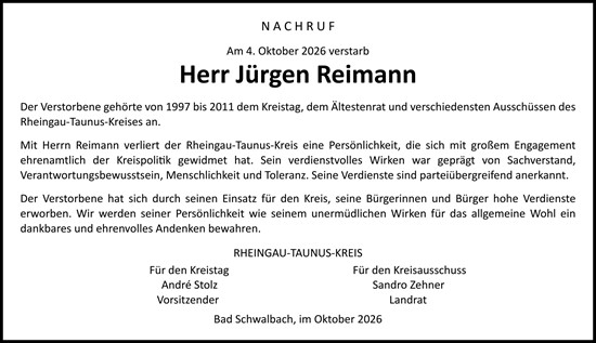 Traueranzeige von Jürgen Reimann von Idsteiner Land/Untertaunus