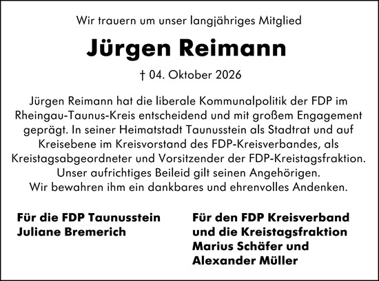 Traueranzeige von Jürgen Reimann von Idsteiner Land/Untertaunus