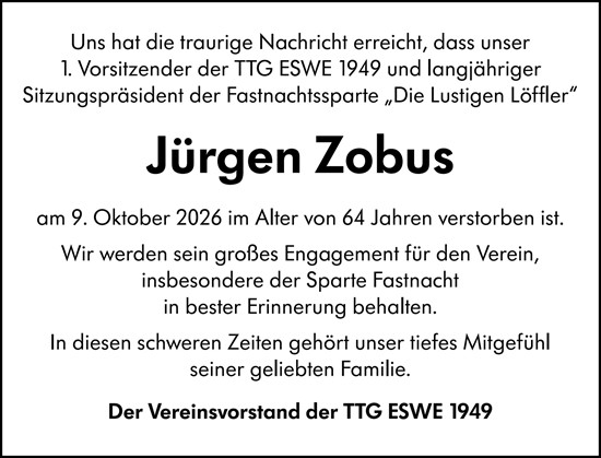 Traueranzeige von Jürgen Zobus von Wiesbadener Kurier