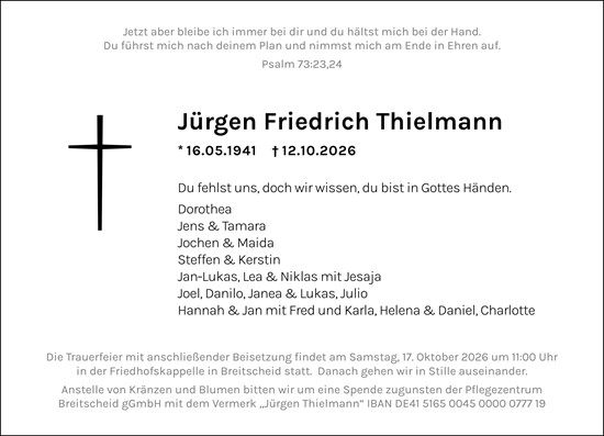 Traueranzeige von Jürgen Friedrich Thielmann von Dill Block