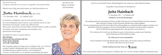 Traueranzeige von Jutta Hainbach von Hinterländer Anzeiger