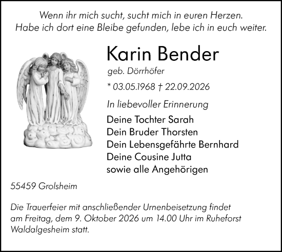 Traueranzeige von Karin Bender von Binger-/Ingelheimer Wochenblatt