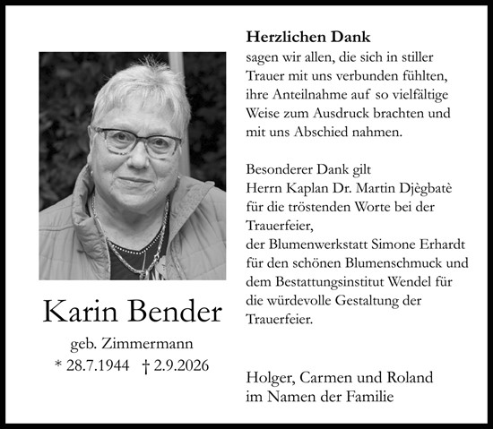 Traueranzeige von Karin Bender von Allgemeine Zeitung Rheinhessen-Nahe