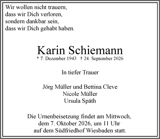Traueranzeige von Karin Schiemann von Wiesbadener Kurier