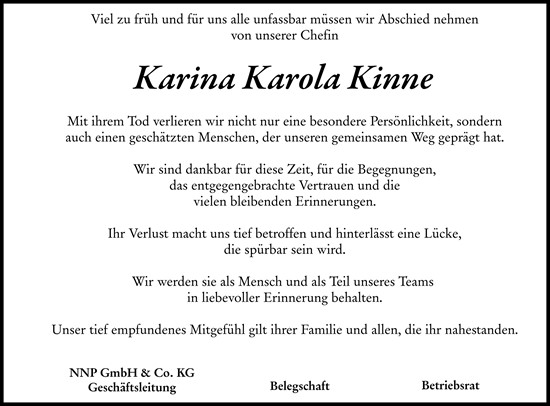 Traueranzeige von Karina Karola Kinne von Weilburger Tageblatt