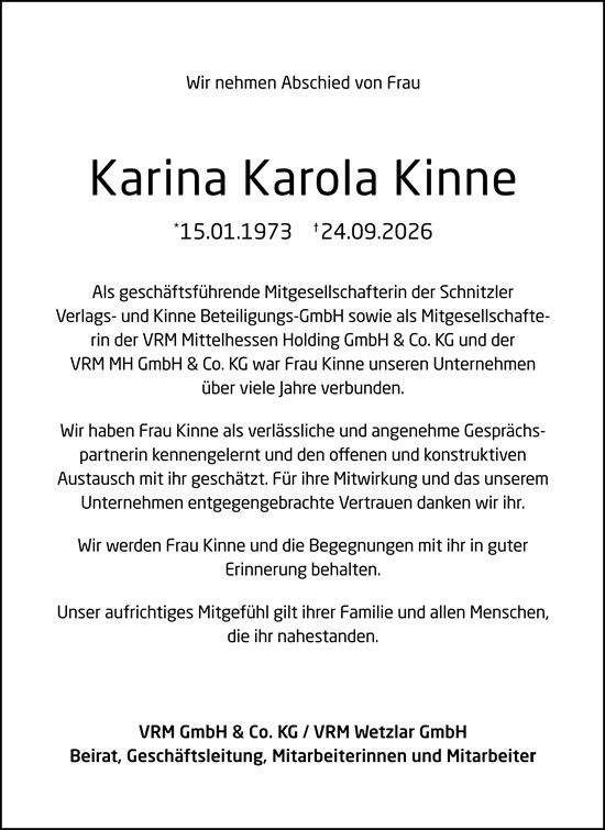 Traueranzeige von Karina Karola Kinne von Weilburger Tageblatt