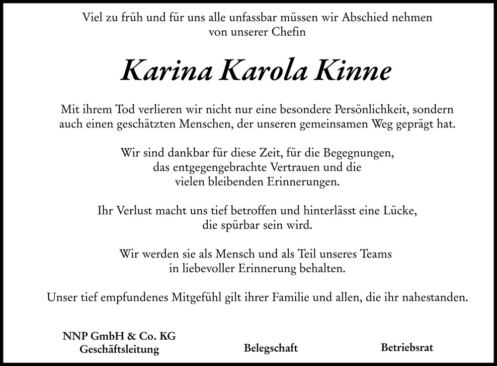  Traueranzeige für Karina Karola Kinne vom 17.10.2026 aus Weilburger Tageblatt