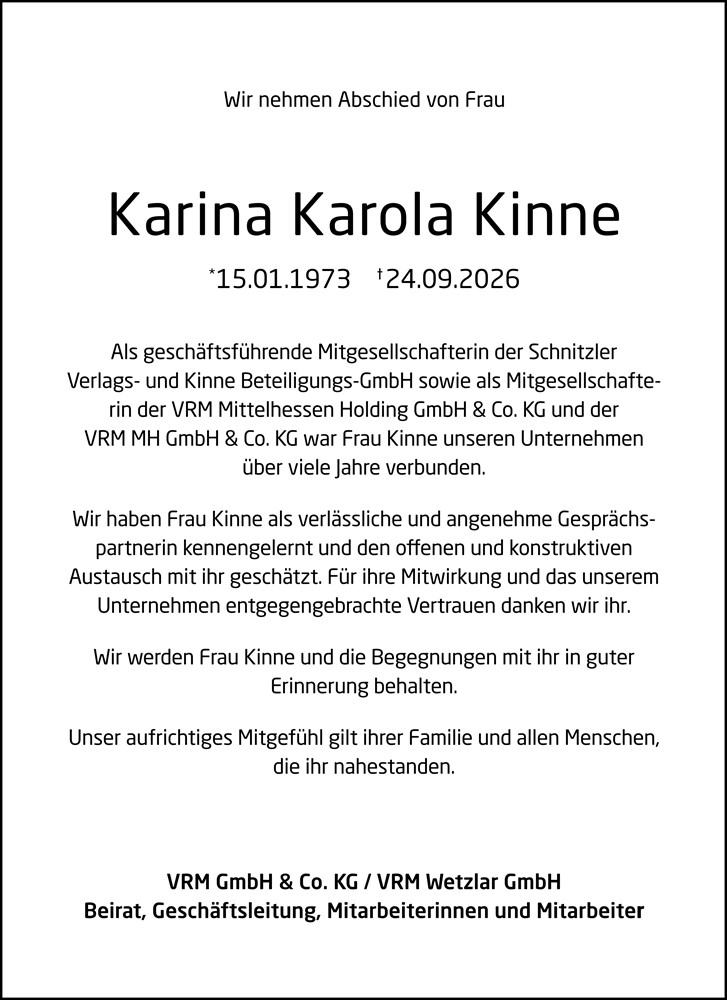  Traueranzeige für Karina Karola Kinne vom 17.10.2026 aus Weilburger Tageblatt