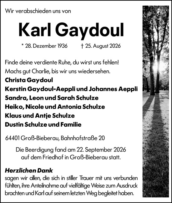 Traueranzeige von Karl Gaydoul von Darmstädter Echo