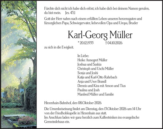 Traueranzeige von Karl-Georg Müller von Hinterländer Anzeiger