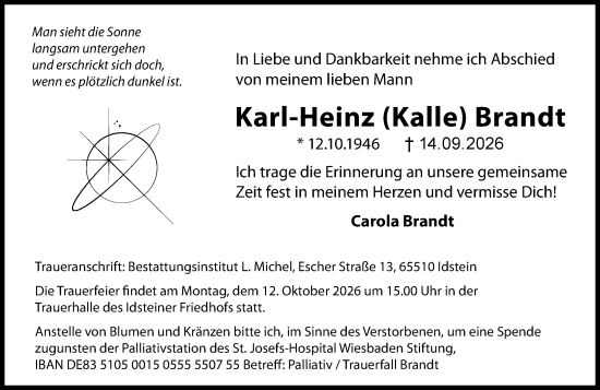 Traueranzeige von Karl-Heinz Brandt von Idsteiner Land/Untertaunus