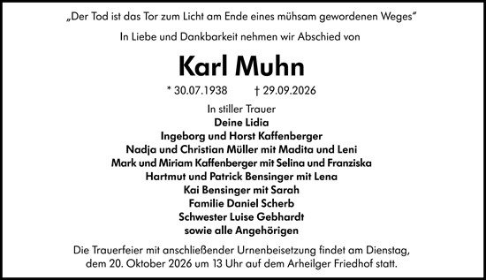 Traueranzeige von Karl Muhn von Odenwälder Echo