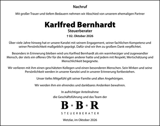 Traueranzeige von Karlfred Bernhardt von Wetzlarer Neue Zeitung