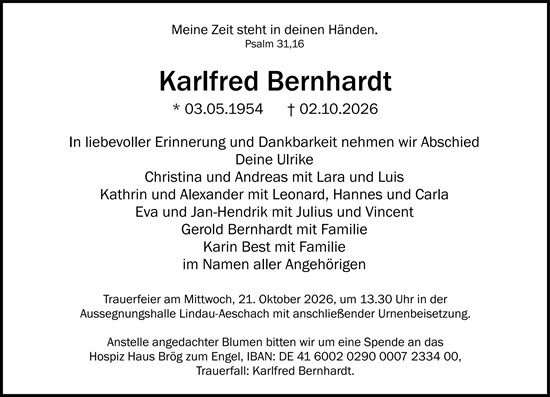 Traueranzeige von Karlfred Bernhardt von Wetzlarer Neue Zeitung