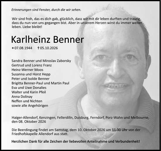 Traueranzeige von Karlheinz Benner von Dill Block
