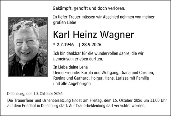 Traueranzeige von Karl Heinz Wagner von Dill Block