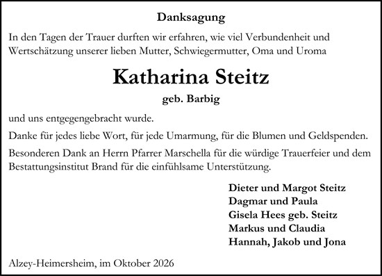 Traueranzeige von Katharina Steitz von Allgemeine Zeitung Alzey