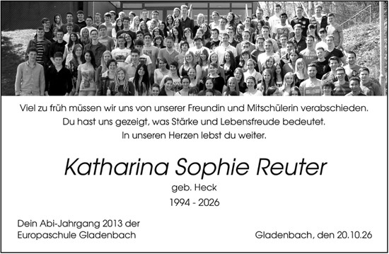 Traueranzeige von Katharina Sophie Reuter von Hinterländer Anzeiger