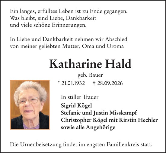 Traueranzeige von Katharine Hald von Darmstädter Echo