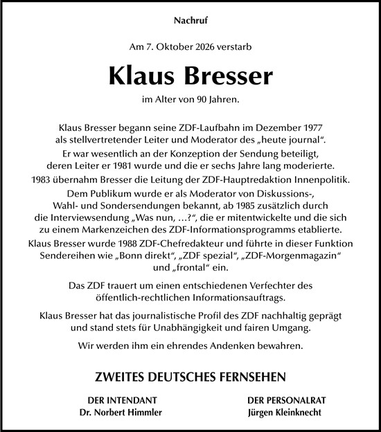 Traueranzeige von Klaus Bresser von Allgemeine Zeitung Mainz