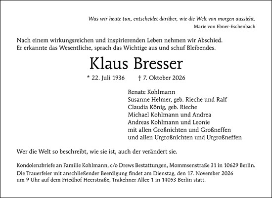 Traueranzeige von Klaus Bresser von Wiesbadener Kurier