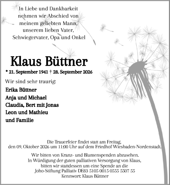 Traueranzeige von Klaus Büttner von Wiesbadener Kurier