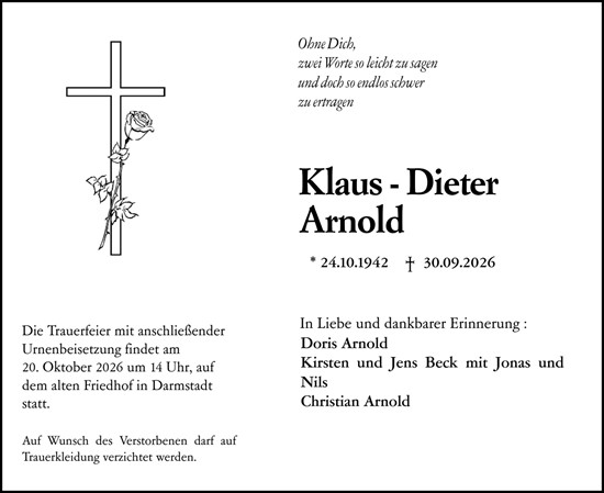 Traueranzeige von Klaus-Dieter Arnold von Darmstädter Echo