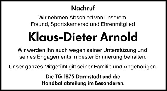 Traueranzeige von Klaus-Dieter Arnold von Darmstädter Echo