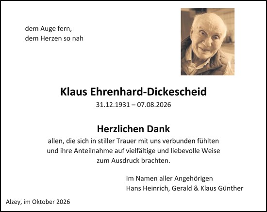 Traueranzeige von Klaus Ehrenhard-Dickescheid von Allgemeine Zeitung Alzey