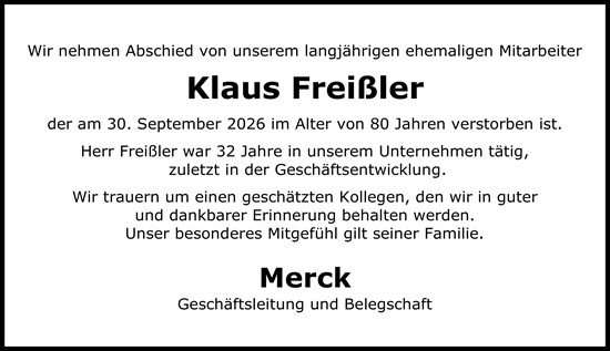Traueranzeige von Klaus Freißler von Darmstädter Echo