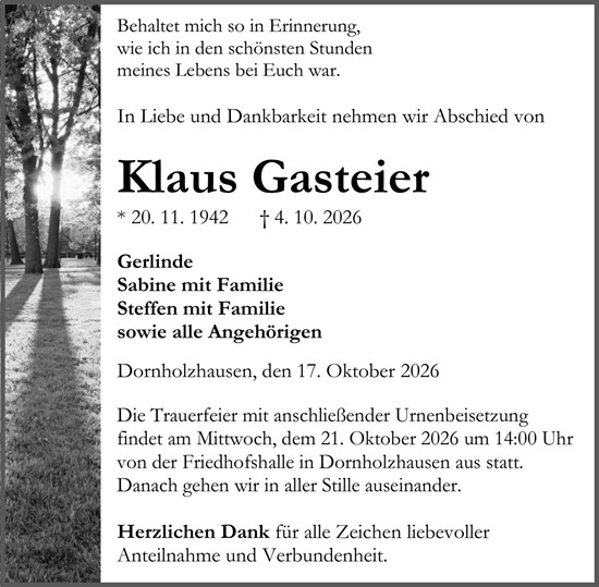 Traueranzeige von Klaus Gasteier von Wetzlarer Neue Zeitung