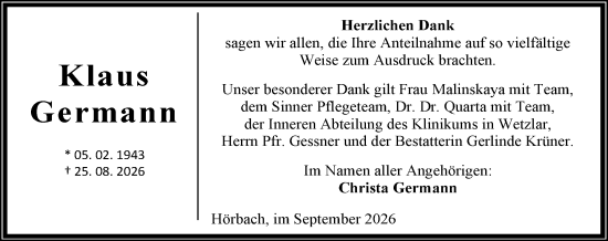 Traueranzeige von Klaus Germann von Dill Block