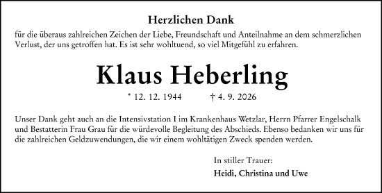 Traueranzeige von Klaus Heberling von Wetzlarer Neue Zeitung