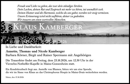 Traueranzeige von Klaus Kamberger von Allgemeine Zeitung Mainz