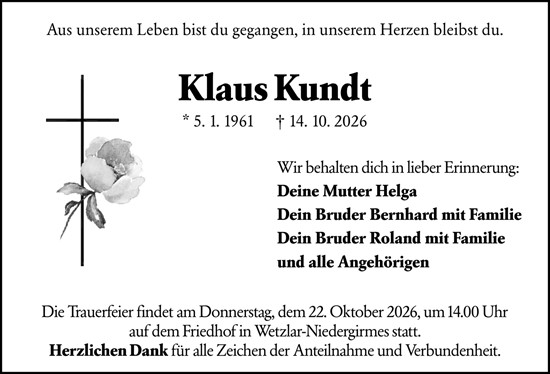 Traueranzeige von Klaus Kundt von Wetzlarer Neue Zeitung