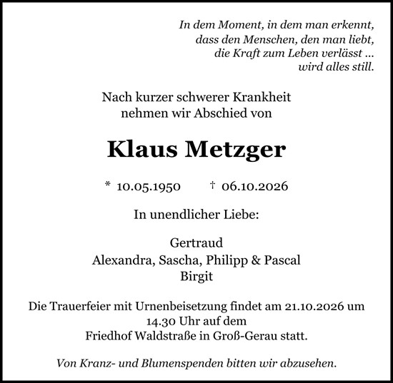Traueranzeige von Klaus Metzger von Groß-Gerauer Echo