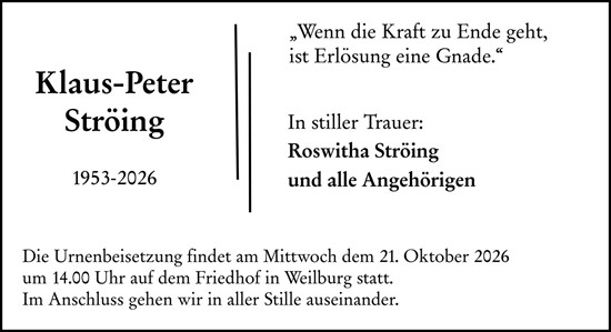 Traueranzeige von Klaus-Peter Ströing von Weilburger Tageblatt