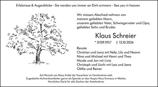 Traueranzeige von Klaus Schreier von Wetzlarer Neue Zeitung