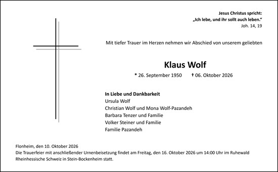 Traueranzeige von Klaus Wolf von Allgemeine Zeitung Alzey