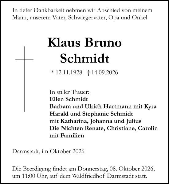 Traueranzeige von Klaus Bruno Schmidt von Darmstädter Echo