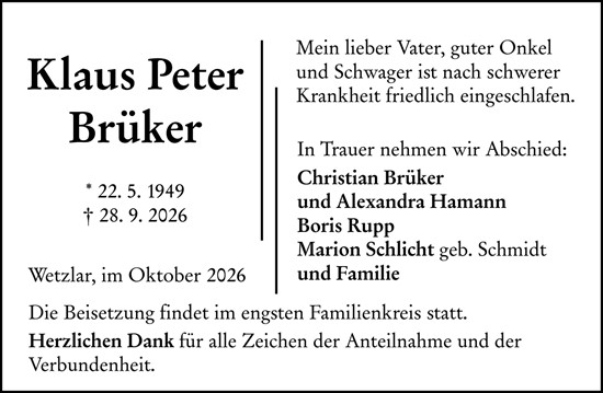 Traueranzeige von Klaus Peter Brüker von Wetzlarer Neue Zeitung