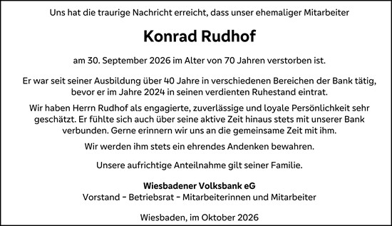 Traueranzeige von Konrad Rudhof von Wiesbadener Kurier