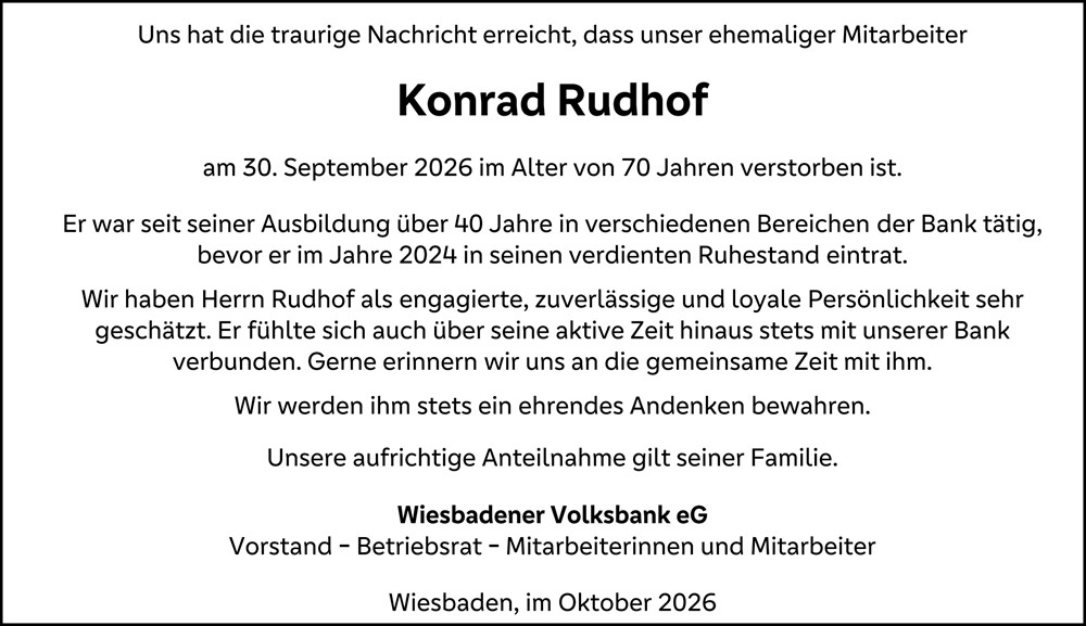  Traueranzeige für Konrad Rudhof vom 10.10.2026 aus Wiesbadener Kurier