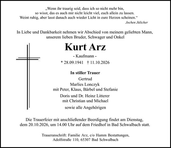 Traueranzeige von Kurt Arz von Idsteiner Land/Untertaunus